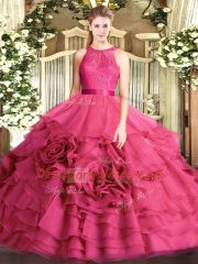 Hot Pink Vestidos de Quinceanera Military Ball and Sweet 16 and Quinceanera with Lace Scoop Sleeveless Zipper