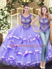 Sleeveless Floor Length Beading and Ruffled Layers Lace Up Vestidos de Quinceanera with Lavender