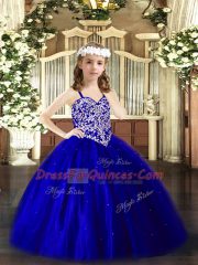 Superior Floor Length Royal Blue Little Girl Pageant Gowns Tulle Sleeveless Beading