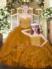 Excellent Rust Red Tulle Lace Up Sweetheart Sleeveless Floor Length Sweet 16 Quinceanera Dress Beading and Ruffles