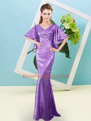 Modest Sequined V-neck Half Sleeves Zipper Sequins Evening Dress in Lavender