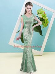 Fashionable Turquoise Sequined Zipper V-neck Cap Sleeves Floor Length Dress for Prom Sequins