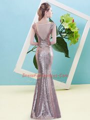 Fashionable Turquoise Sequined Zipper V-neck Cap Sleeves Floor Length Dress for Prom Sequins