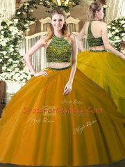 Chic Floor Length Brown Quinceanera Gown Halter Top Sleeveless Zipper
