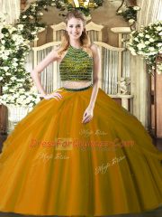 Chic Floor Length Brown Quinceanera Gown Halter Top Sleeveless Zipper