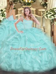 Aqua Blue Sleeveless Floor Length Beading and Ruffles Zipper Quinceanera Dresses