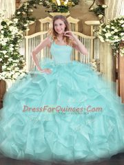 Aqua Blue Sleeveless Floor Length Beading and Ruffles Zipper Quinceanera Dresses