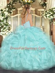 Aqua Blue Sleeveless Floor Length Beading and Ruffles Zipper Quinceanera Dresses