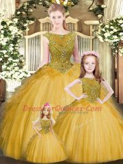 Best Selling Gold Tulle Lace Up 15 Quinceanera Dress Sleeveless Floor Length Beading and Ruffles