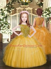 Best Selling Gold Tulle Lace Up 15 Quinceanera Dress Sleeveless Floor Length Beading and Ruffles