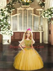 Best Selling Gold Tulle Lace Up 15 Quinceanera Dress Sleeveless Floor Length Beading and Ruffles