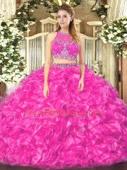 Admirable Fuchsia Zipper Scoop Beading and Ruffles Sweet 16 Quinceanera Dress Organza Sleeveless