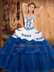 Sumptuous Strapless Sleeveless Ball Gown Prom Dress Sweep Train Embroidery and Ruffled Layers Blue Tulle