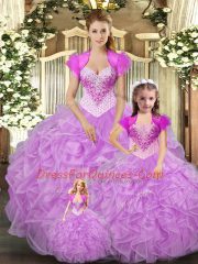Glorious Floor Length Lace Up Sweet 16 Quinceanera Dress Lilac for Military Ball and Sweet 16 and Quinceanera with Beading and Ruffles