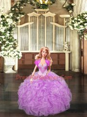 Glorious Floor Length Lace Up Sweet 16 Quinceanera Dress Lilac for Military Ball and Sweet 16 and Quinceanera with Beading and Ruffles