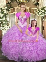 Glorious Floor Length Lace Up Sweet 16 Quinceanera Dress Lilac for Military Ball and Sweet 16 and Quinceanera with Beading and Ruffles