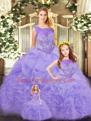 Sleeveless Floor Length Ruffles Lace Up Quince Ball Gowns with Lavender