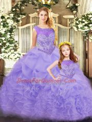 Sleeveless Floor Length Ruffles Lace Up Quince Ball Gowns with Lavender