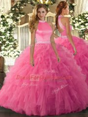 Vintage Sleeveless Floor Length Beading and Ruffles Backless Quinceanera Gowns with Hot Pink