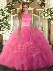 Vintage Sleeveless Floor Length Beading and Ruffles Backless Quinceanera Gowns with Hot Pink