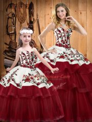 Wine Red Sleeveless Brush Train Embroidery and Ruffled Layers 15 Quinceanera Dress
