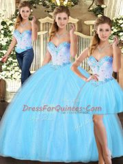 Custom Designed Baby Blue Three Pieces Tulle Sweetheart Sleeveless Beading Floor Length Lace Up Sweet 16 Dresses