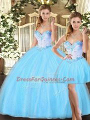 Custom Designed Baby Blue Three Pieces Tulle Sweetheart Sleeveless Beading Floor Length Lace Up Sweet 16 Dresses