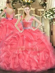 Coral Red Ball Gowns Tulle V-neck Sleeveless Beading and Ruffles Floor Length Zipper Sweet 16 Quinceanera Dress