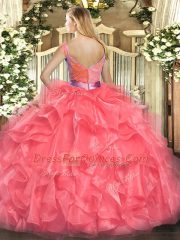 Coral Red Ball Gowns Tulle V-neck Sleeveless Beading and Ruffles Floor Length Zipper Sweet 16 Quinceanera Dress