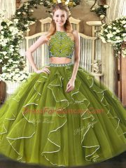 Artistic Olive Green Sleeveless Floor Length Beading and Ruffles Zipper 15 Quinceanera Dress