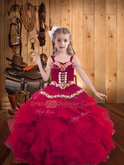 Customized Floor Length Lace Up Pageant Gowns Red for Party and Sweet 16 and Quinceanera and Wedding Party with Embroidery and Ruffles