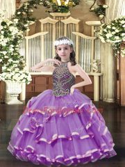 Floor Length Lavender Little Girl Pageant Gowns Halter Top Sleeveless Lace Up