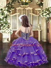 Floor Length Lavender Little Girl Pageant Gowns Halter Top Sleeveless Lace Up