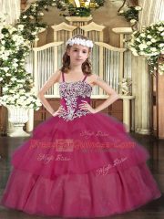 Perfect Wine Red Ball Gowns Straps Sleeveless Organza Floor Length Lace Up Appliques and Ruffled Layers Evening Gowns