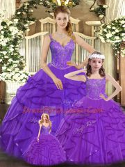 Comfortable Purple Sweet 16 Dress Military Ball and Sweet 16 and Quinceanera with Beading and Ruffles Straps Sleeveless Lace Up