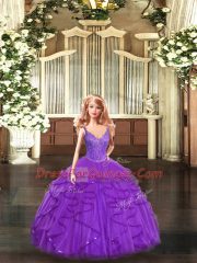Comfortable Purple Sweet 16 Dress Military Ball and Sweet 16 and Quinceanera with Beading and Ruffles Straps Sleeveless Lace Up