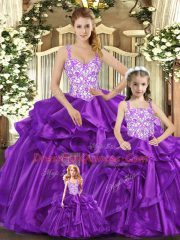 Best Selling Purple Sleeveless Floor Length Beading and Ruffles Lace Up 15 Quinceanera Dress
