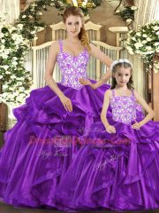 Best Selling Purple Sleeveless Floor Length Beading and Ruffles Lace Up 15 Quinceanera Dress