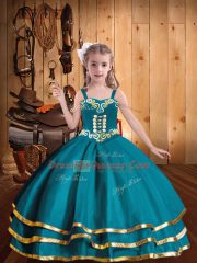 Super Sleeveless Organza Floor Length Lace Up Little Girl Pageant Gowns in Teal with Embroidery and Ruffled Layers
