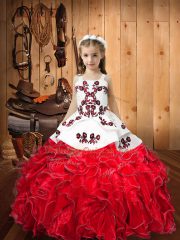Floor Length Red Kids Pageant Dress Organza Sleeveless Embroidery and Ruffles