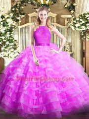 Ideal Lilac Organza Zipper Scoop Sleeveless Floor Length Sweet 16 Quinceanera Dress Ruffled Layers