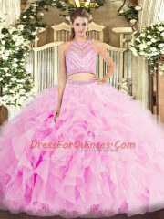 Decent Scoop Sleeveless Quinceanera Dresses Floor Length Beading and Ruffles Lilac Tulle