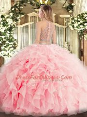 Decent Scoop Sleeveless Quinceanera Dresses Floor Length Beading and Ruffles Lilac Tulle