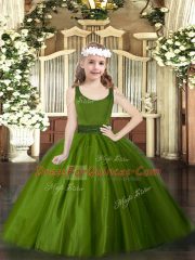 Affordable Olive Green Zipper Scoop Beading Pageant Gowns For Girls Tulle Sleeveless