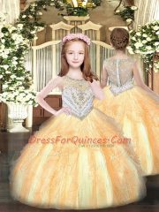 Best Floor Length Gold Kids Pageant Dress Organza Sleeveless Beading and Ruffles