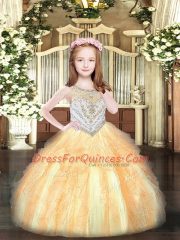Best Floor Length Gold Kids Pageant Dress Organza Sleeveless Beading and Ruffles