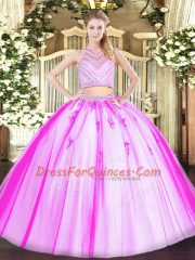 Artistic Scoop Sleeveless Sweet 16 Quinceanera Dress Floor Length Beading Rose Pink Tulle