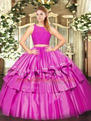 Fuchsia Two Pieces Ruffled Layers 15 Quinceanera Dress Zipper Tulle Sleeveless Floor Length