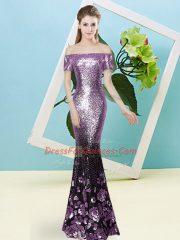 Vintage Lilac Short Sleeves Floor Length Sequins Zipper Prom Dresses