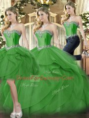 Green Three Pieces Beading and Ruffles Quinceanera Gown Lace Up Organza Sleeveless Floor Length